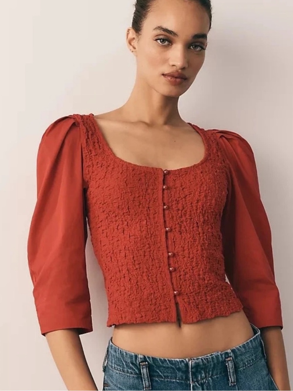 Anthropologie Vibrant Red Puff-Sleeve Textured Blouse